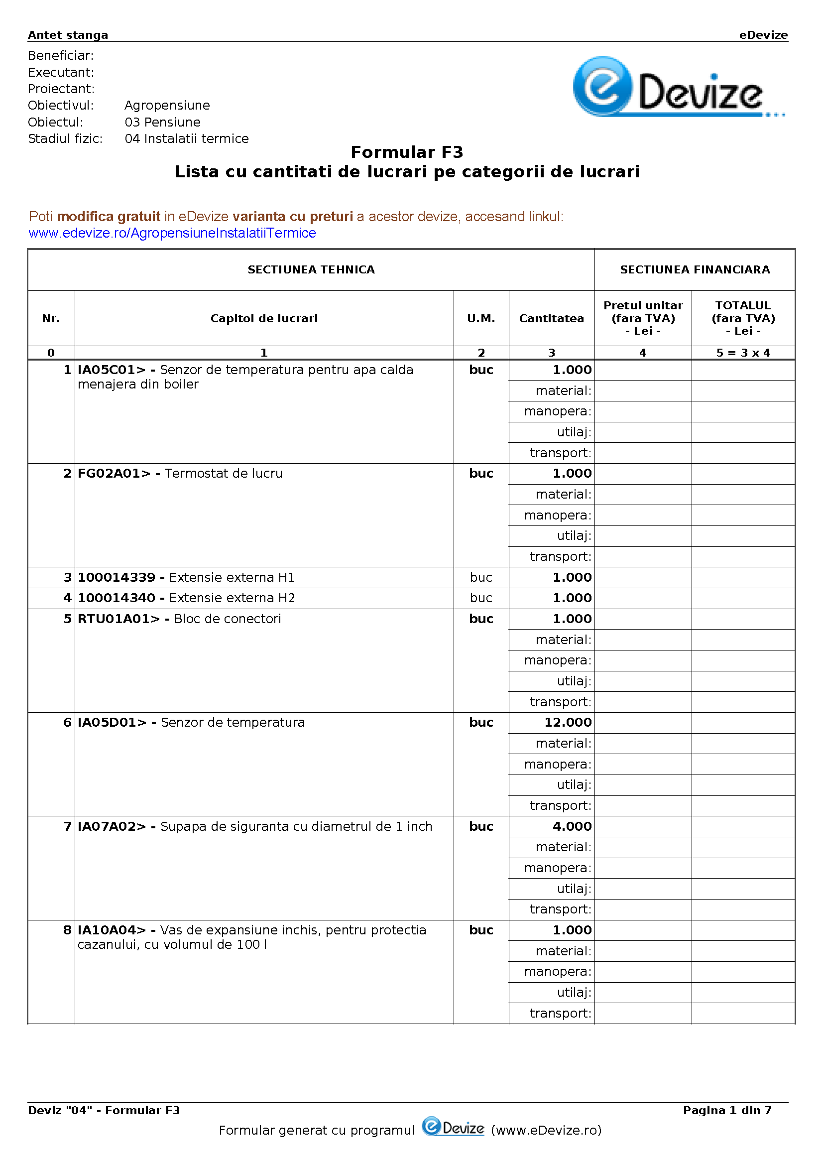 eDevize - Model de deviz de instalatii termice pentru formular-F3 (Agropensiune)