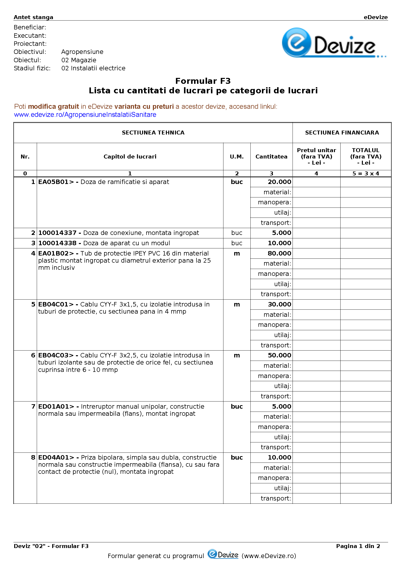 eDevize - Model de deviz de instalatii sanitare pentru formular-F3 (Agropensiune)