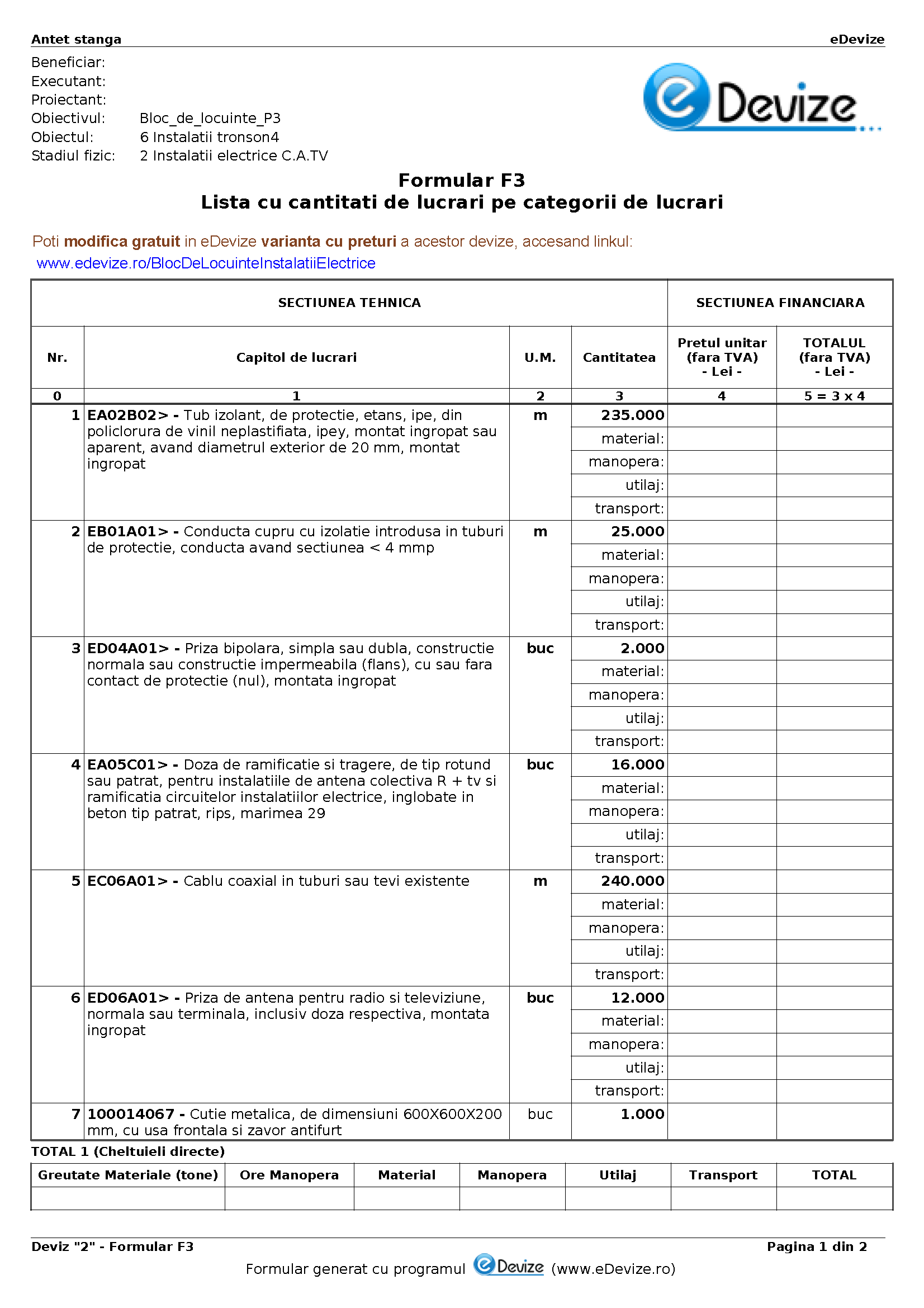 eDevize - Model de deviz de instalatii electrice pentru formular-F3 (Bloc)