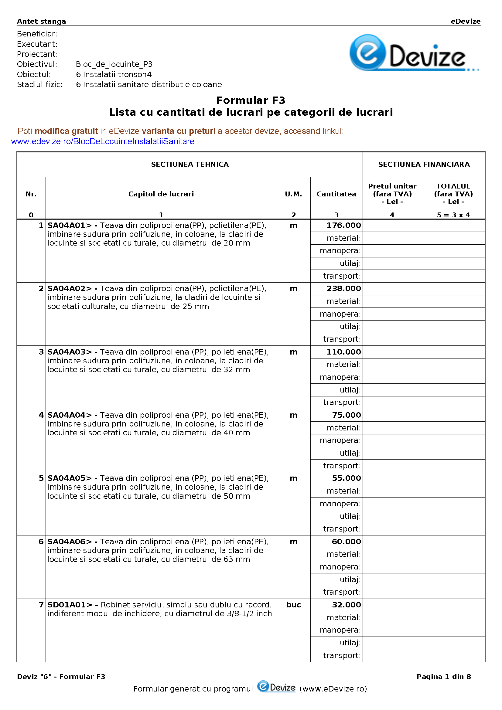 eDevize - Model de deviz de instalatii sanitare pentru formular-F3 (Bloc)