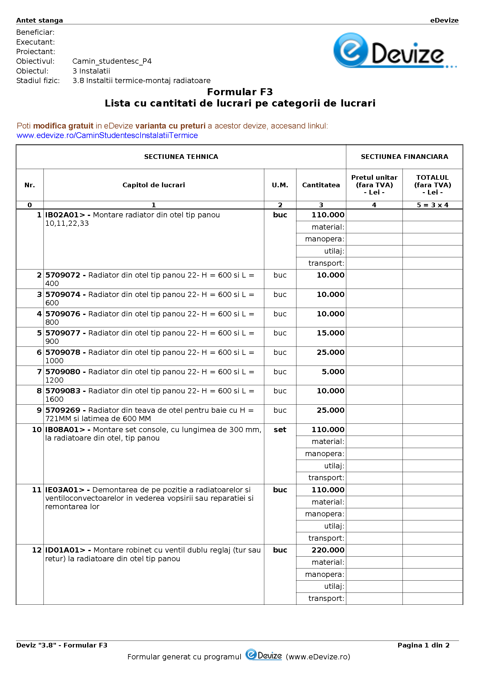 eDevize - Model de deviz de instalatii termice pentru formular-F3 (Camin studentesc)