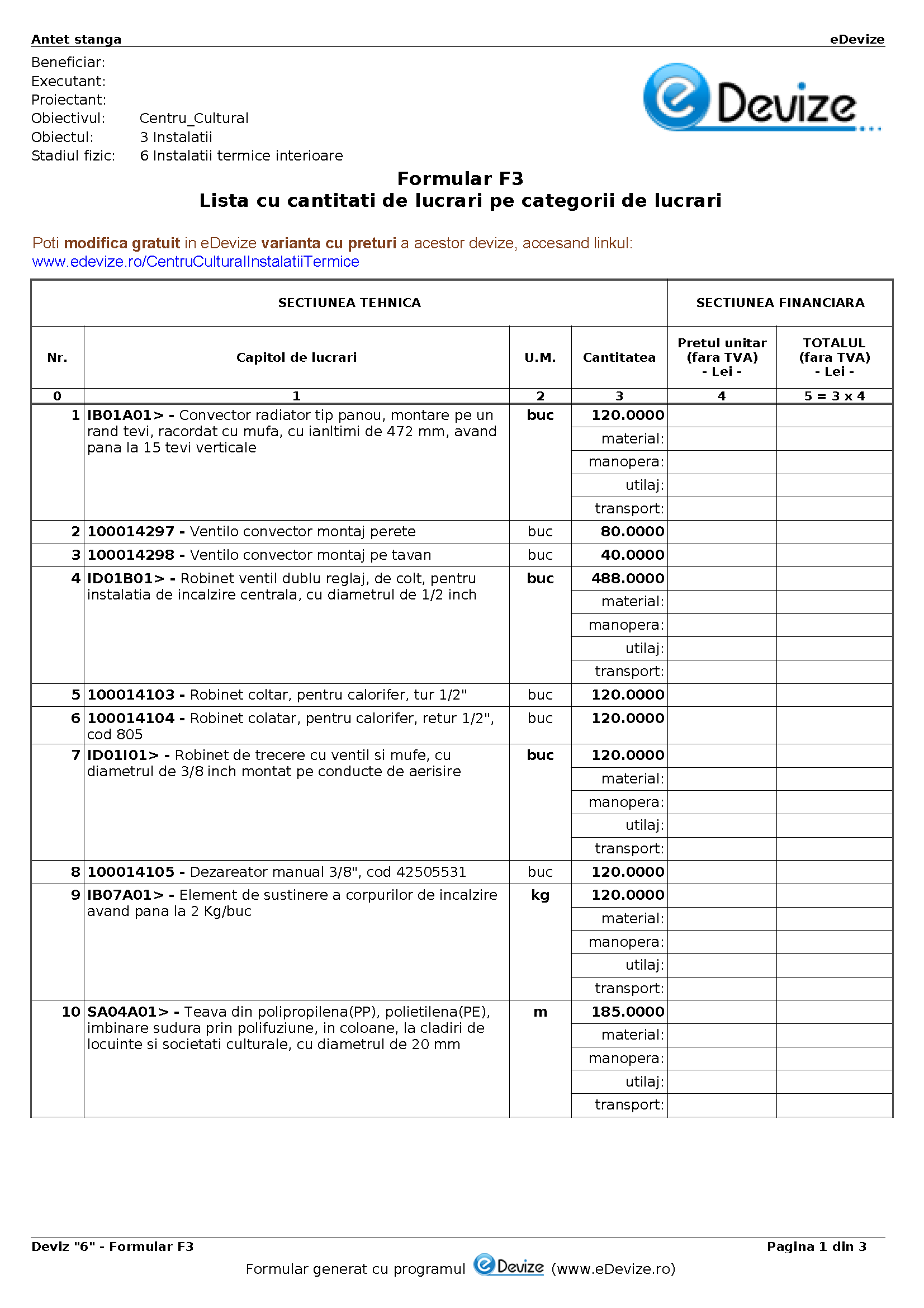 eDevize - Model de deviz de instalatii termice pentru formular-F3 (Centru cultural)