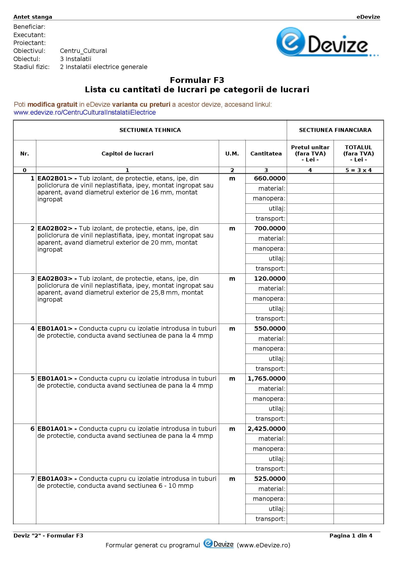 eDevize - Model de deviz de instalatii electrice pentru formular-F3 (Centru cultural)