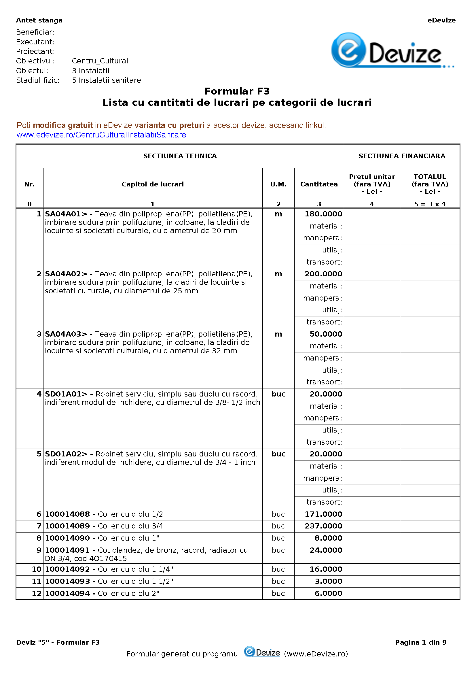 eDevize - Model de deviz de instalatii sanitare pentru formular-F3 (Camin studentesc)