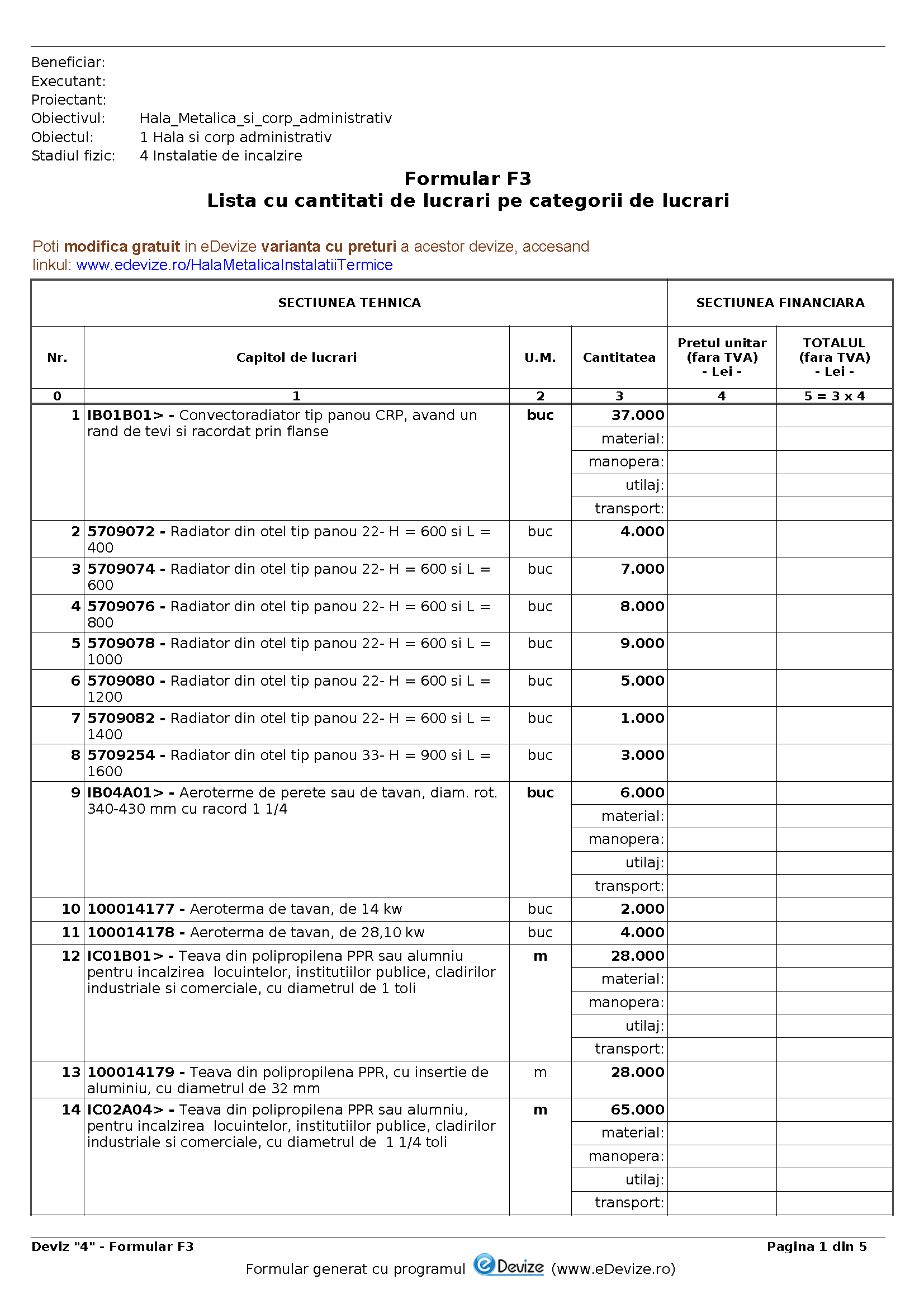 eDevize - Model de deviz de instalatii termice pentru formular-F3 (Hala metalica)