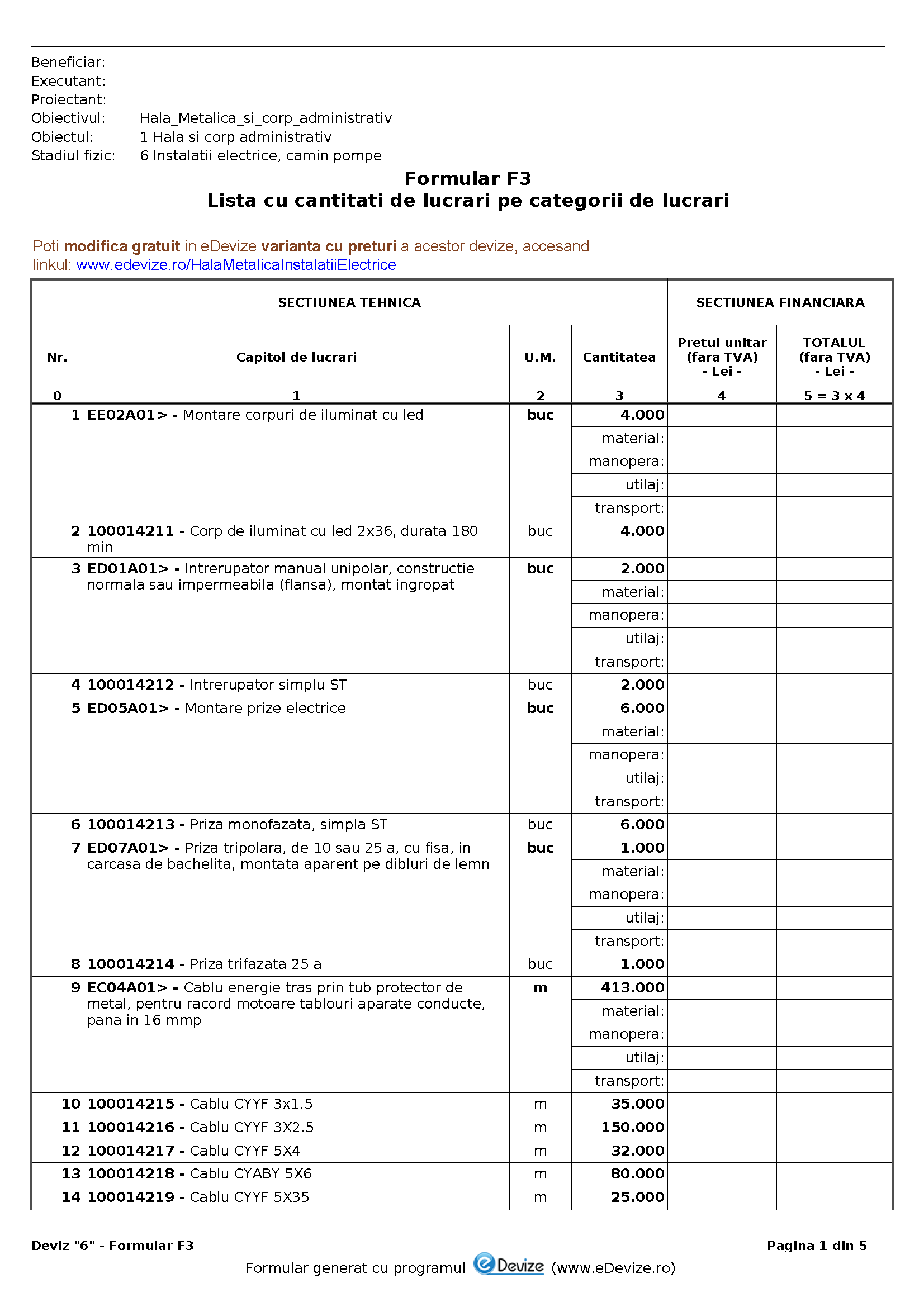 eDevize - Model de deviz de instalatii electrice pentru formular-F3 (Hala metalica)
