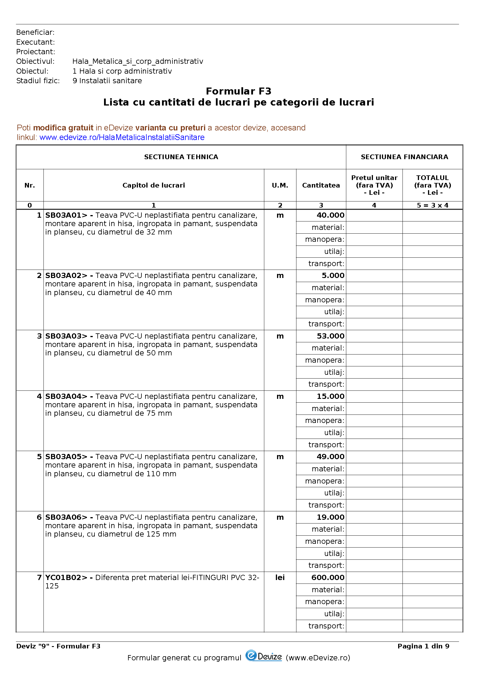 eDevize - Model de deviz de instalatii sanitare pentru formular-F3 (Hala metalica)