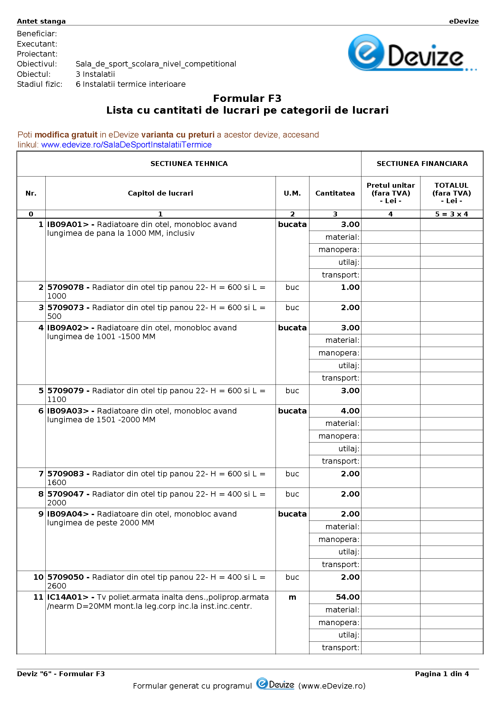 eDevize - Model de deviz de instalatii termice pentru formular-F3 (Sala de sport)