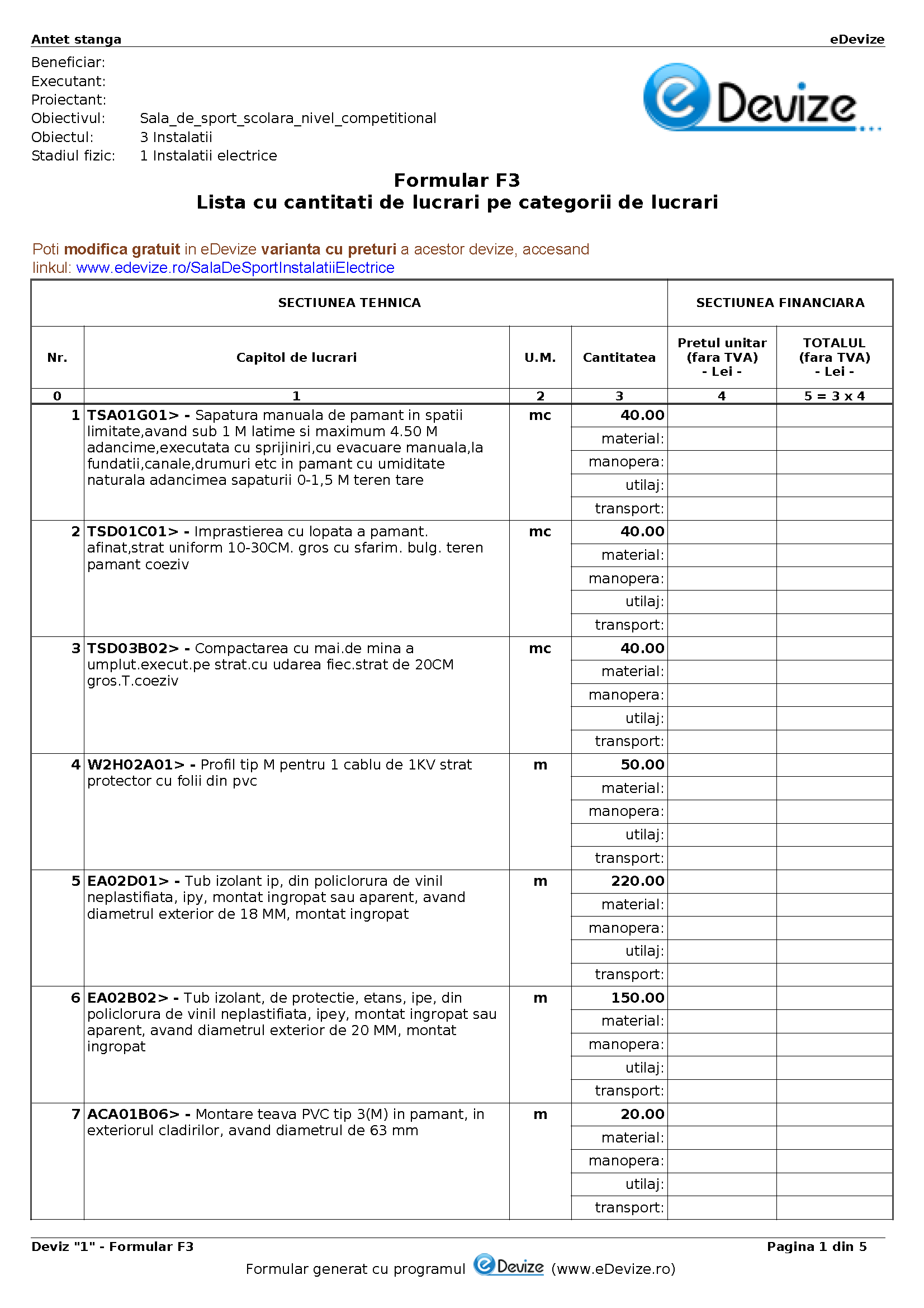 eDevize - Model de deviz de instalatii electrice pentru formular-F3 (Sala de sport)