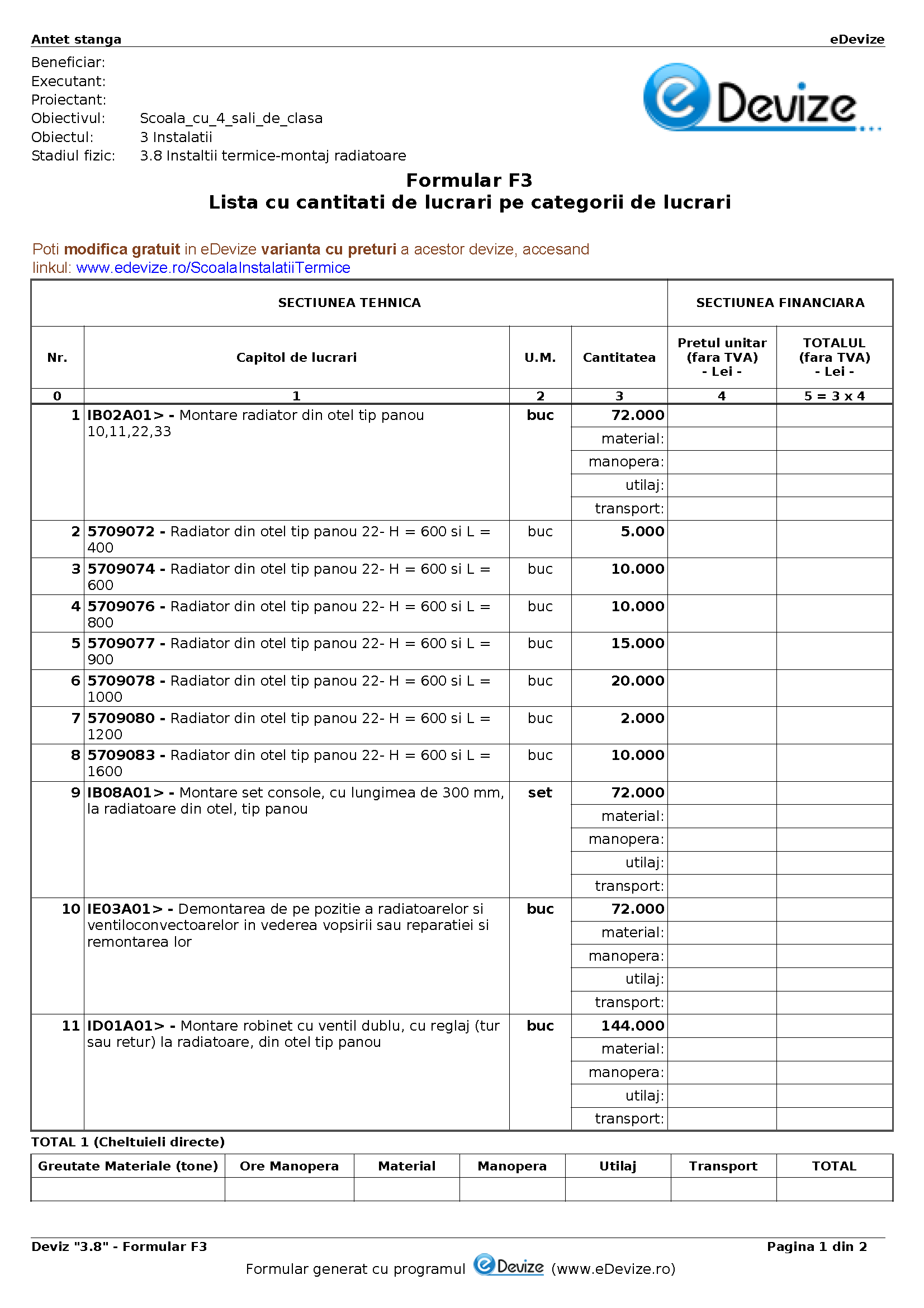 eDevize - Model de deviz de instalatii termice pentru formular-F3 (Scoala)