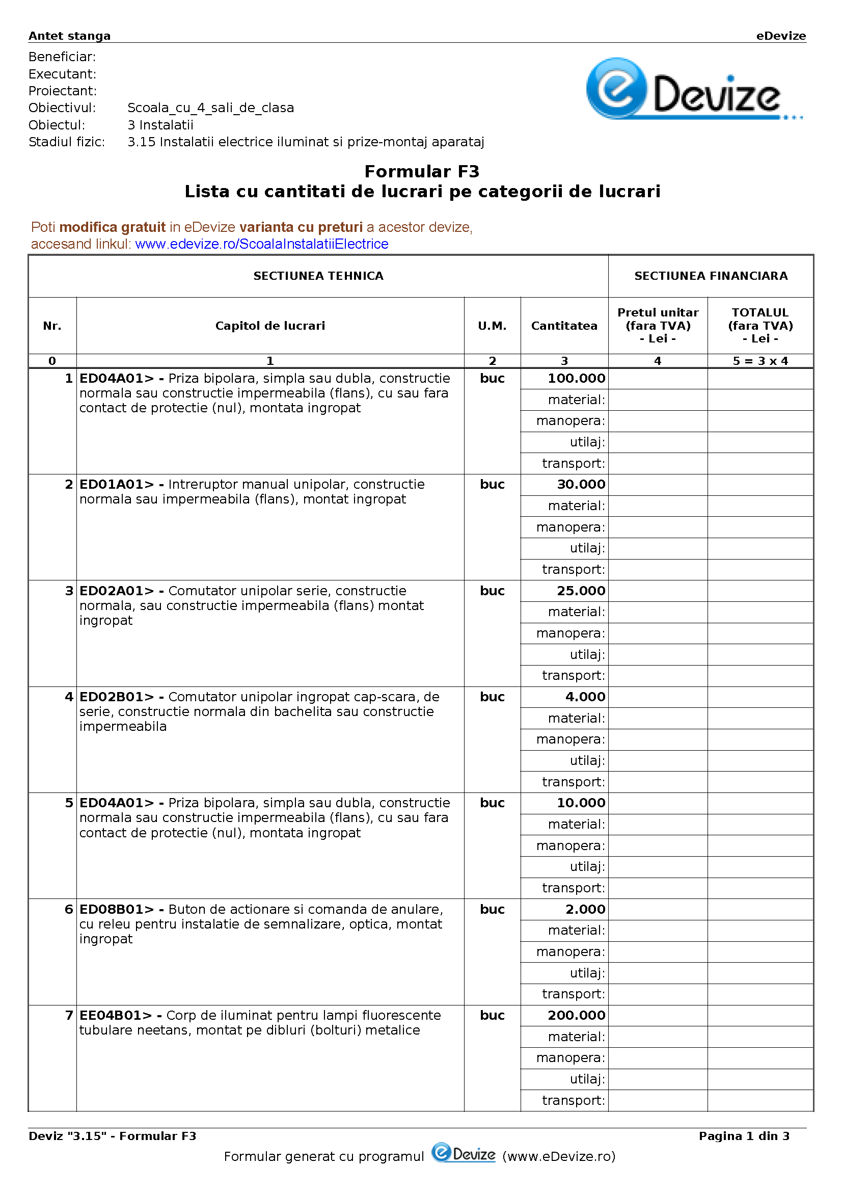 eDevize - Model de deviz de instalatii electrice pentru formular-F3 (Scoala)
