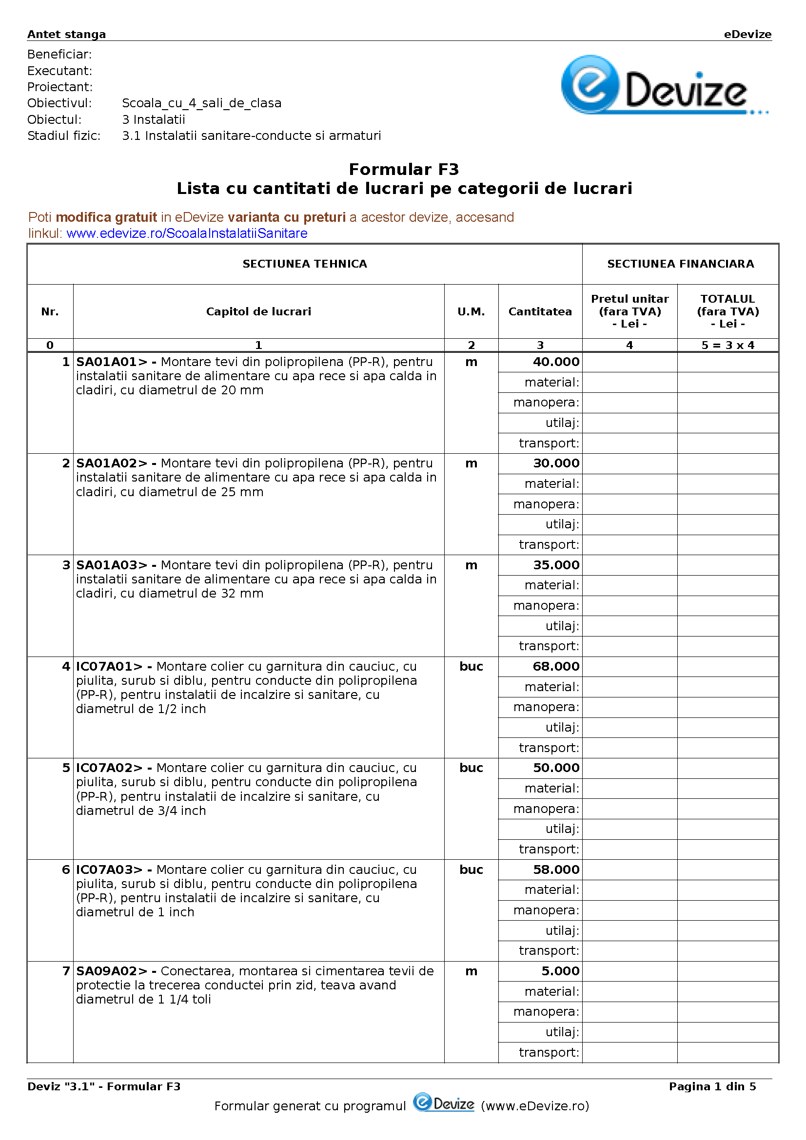 eDevize - Model de deviz de instalatii sanitare pentru formular-F3 (Scoala)
