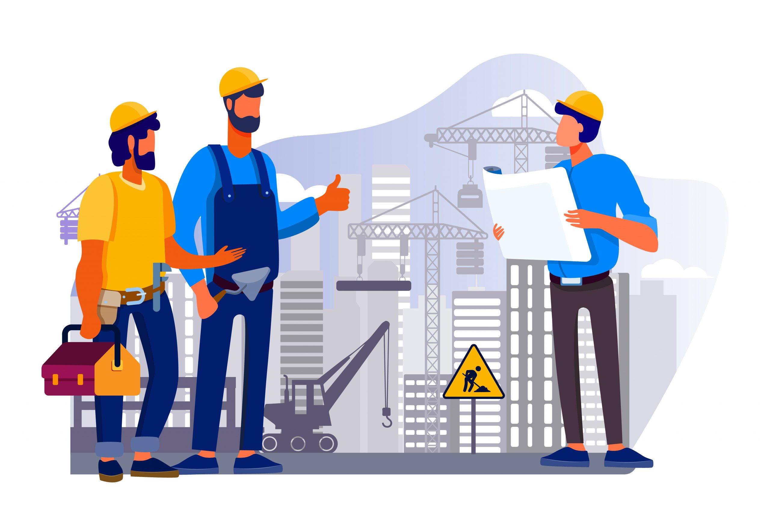 Engineers team discussing issues at construction site Engineers team discussing issues at construction site flat vector illustration. Foreman looking at construction project plan. Building and engineering concept. Machinery and crane on background