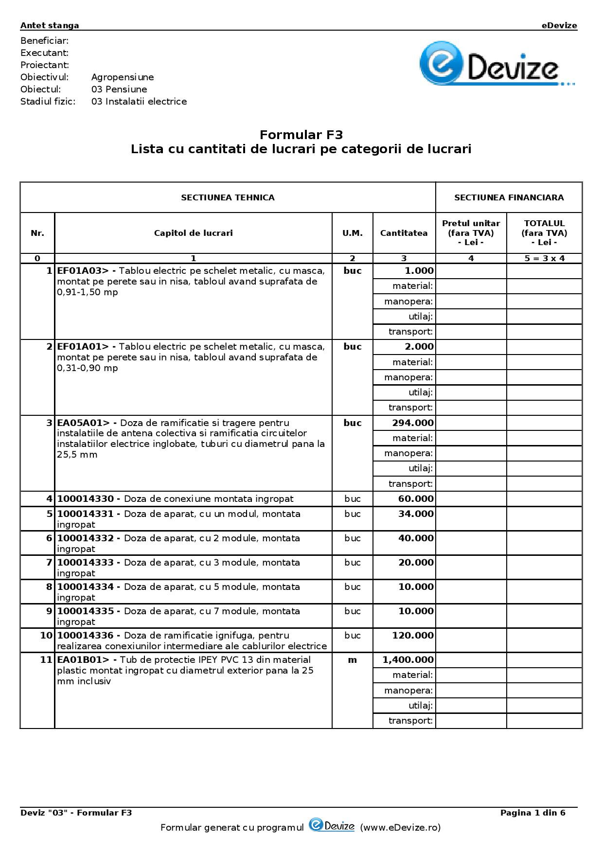 eDevize - Model de deviz de instalatii electrice pentru formular-F3 (Agropensiune)