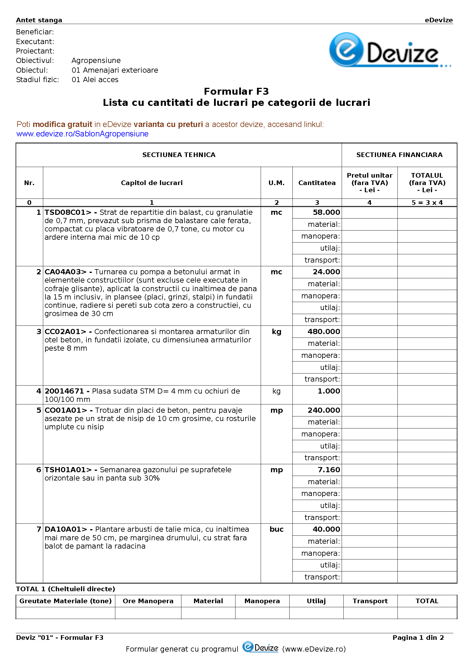 eDevize - Agropensiune (F3 lista cantitati)