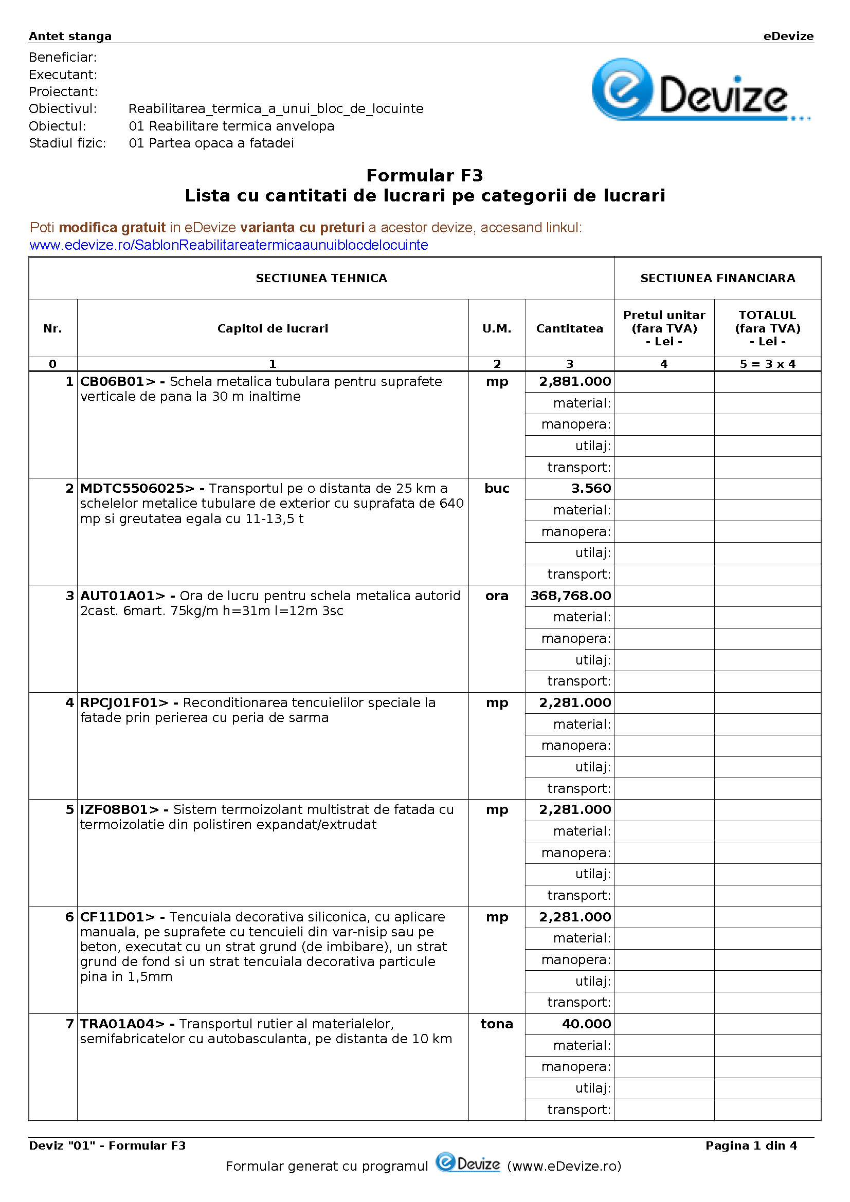 eDevize - Reabilitarea termica a unui bloc de locuinte (F3 lista cantitati)